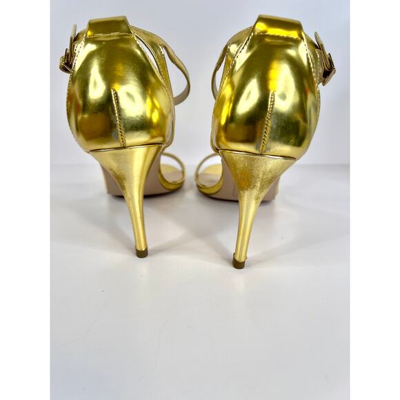 ASOS Size 8 Gold Shiny 3 Inch Ankle Strap Heels Open Toe - Picture 6 of 15